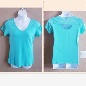 Mint Green lace cutout back short sleeve vneck top